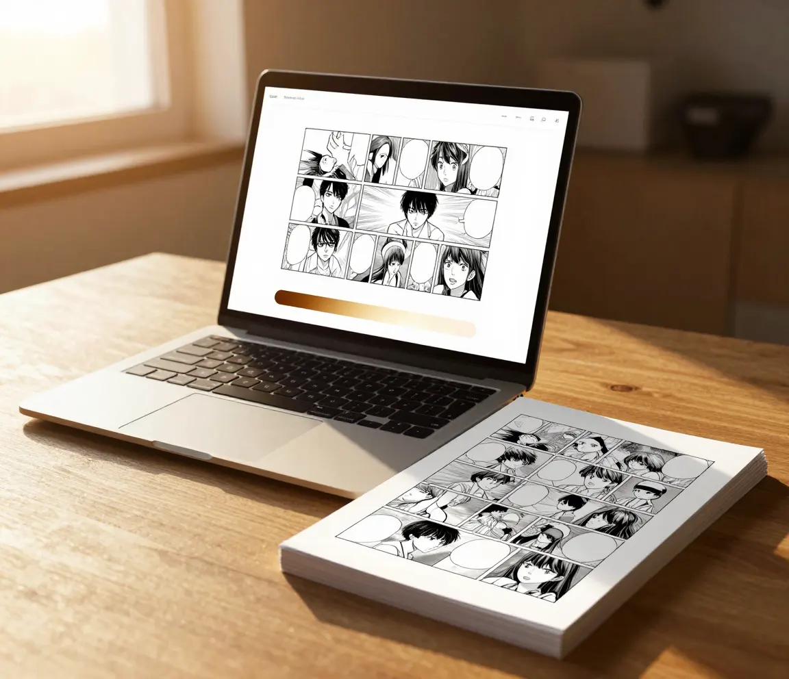 Notebook ve světle zlaté hodinky zobrazující hotovou stránku mangy připravenou k tisku s dokončeným abstraktním ukazatelem stahování a s vytištěnou kopií opřenou poblíž