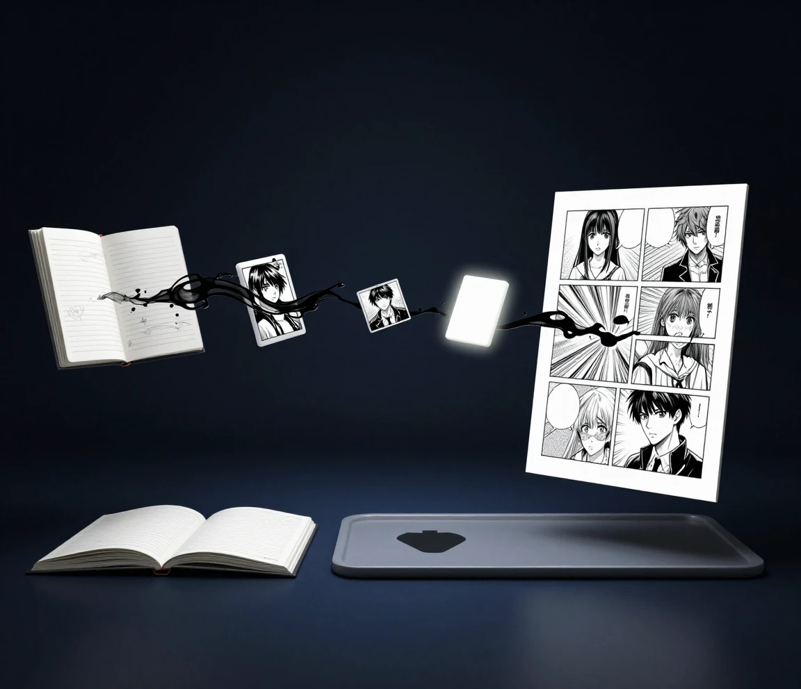 Třístupňová cesta tvorby mangy od popsaného zápisníku přes čtyři dlaždice stylů až k hotové plovoucí manga stránce, sjednocená tekoucím proudem černého inkoustu