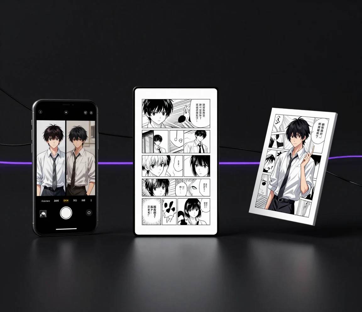 Galerie tří souvisejících modulů nástrojů pro tvorbu anime a mangy včetně karty transformace fotky na anime, manga panelu a ilustrace anime postavy propojených zářícími liniemi