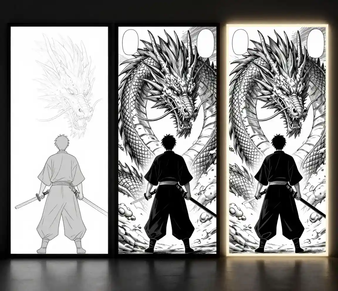 Srovnání tří úrovní téhož manga panelu se zabíjením draka vykresleného s postupně jemnějšími liniemi, bohatšími screentone přechody a jasnějším ateliérovým osvětlením od kvality Standard po Master