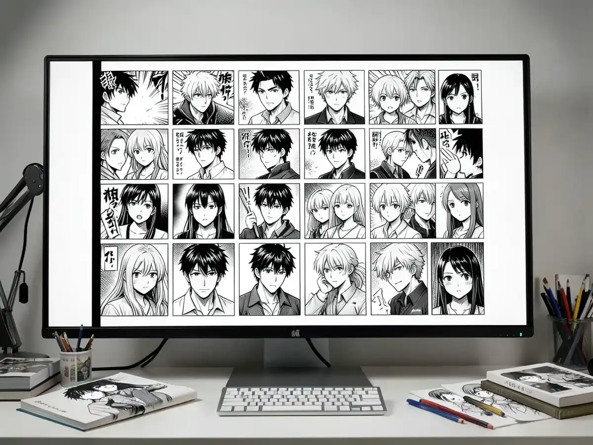 Grid of manga character portraits generated from text descriptions showing six different sub-genre presets including Shonen bold lines, Shoujo delicate features, and Seinen detailed crosshatching
