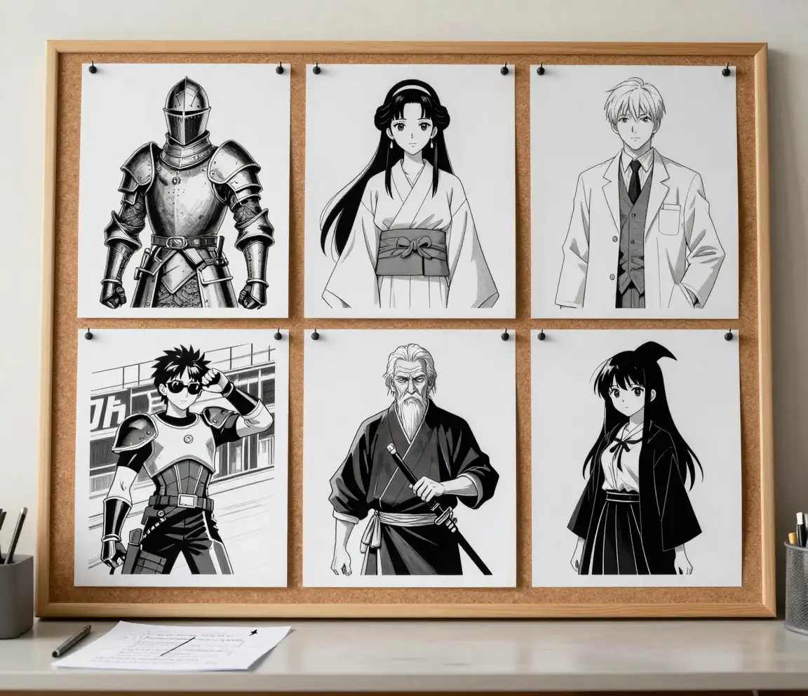 Mřížka na ateliérové stěně se šesti černobílými referenčními panely manga postav ukazující odlišné originální návrhy v jednotném uměleckém stylu pro dávkové zkoumání konceptů postav