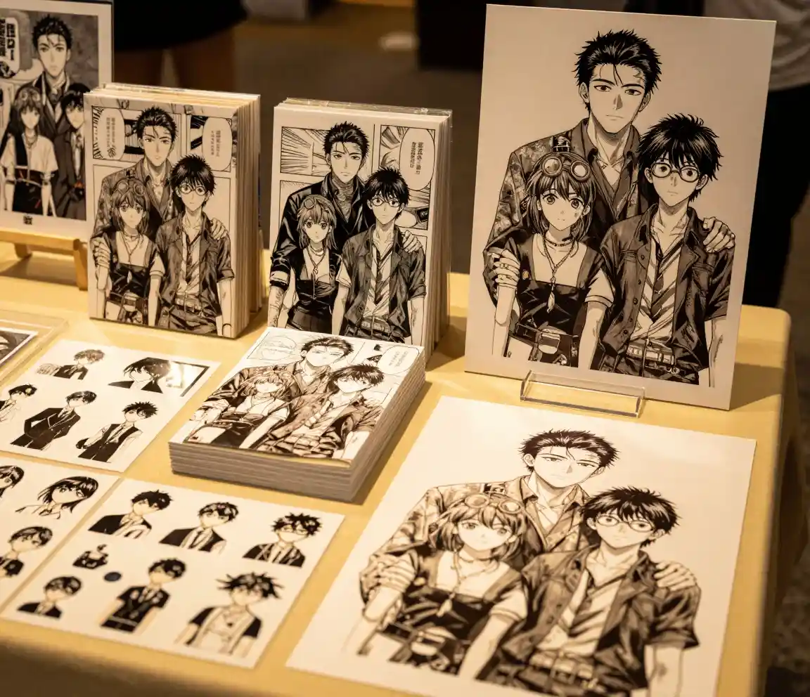 Stánek na konvenci s doujinshi sešity, samolepkami, uměleckým tiskem a akrylovou stojankou, na kterých se objevují stejné dvě opakující se postavy s konzistentními designy