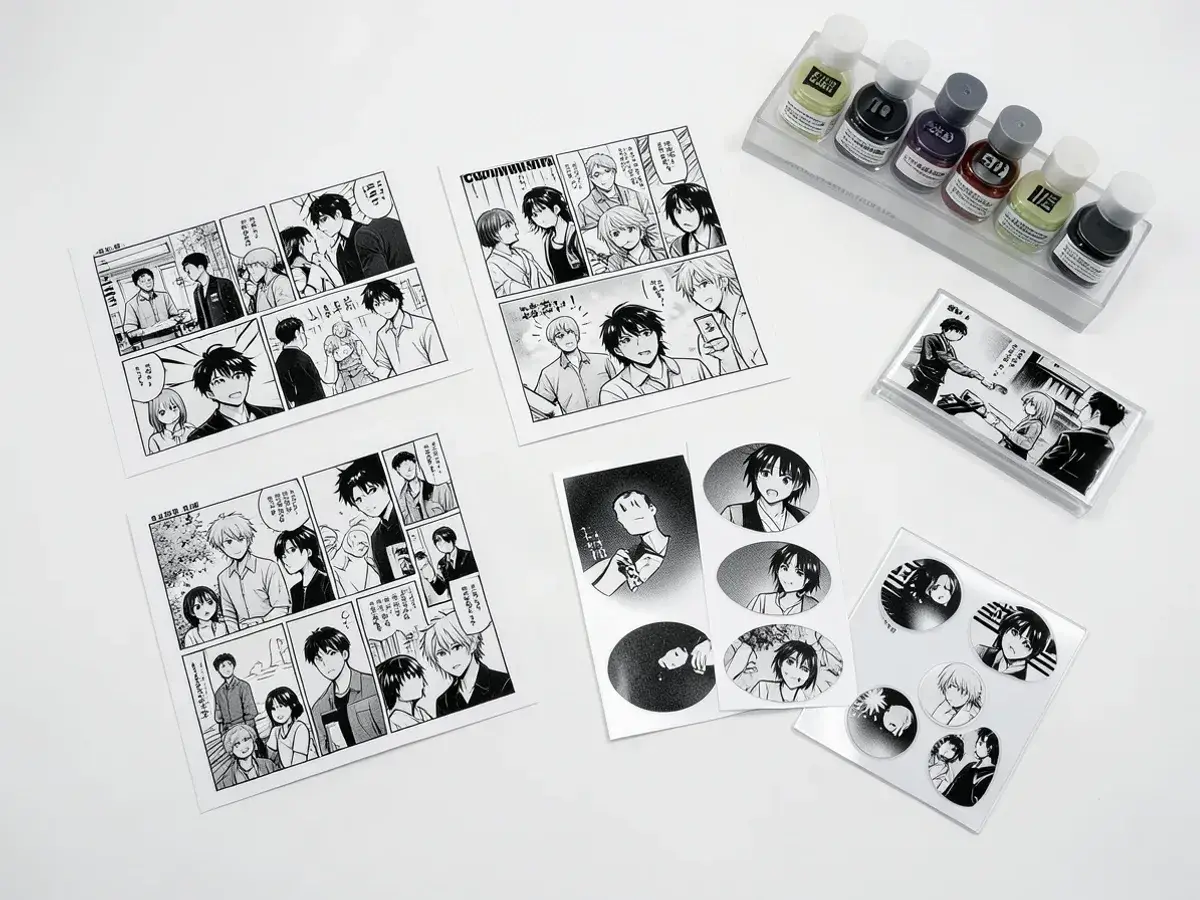 Collection of doujinshi-style manga illustrations and merchandise designs generated from text prompts showing consistent black-and-white ink rendering with screentone gradients