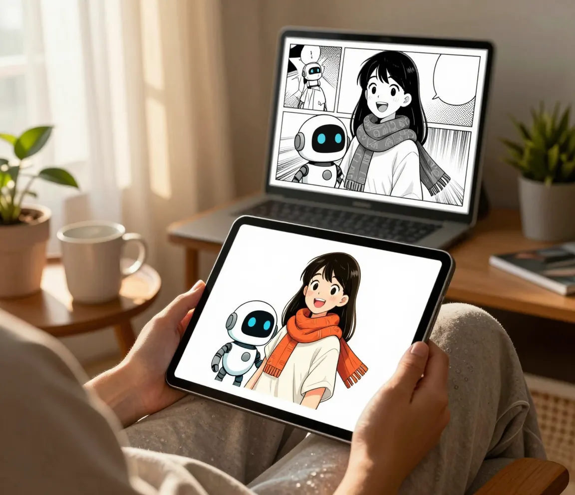 Tvůrce v útulném křesle držící tablet s originální postavou, přičemž stejná postava se vznáší nad ním ve druhém černobílém manga panelu