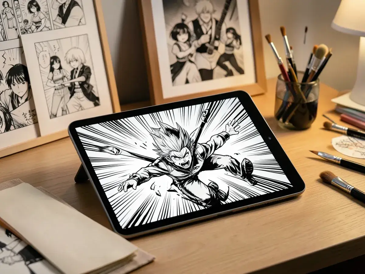 Fan art manga illustration generated from a text description showing dynamic action pose with speed lines, exaggerated expression, and high-contrast black-and-white ink style