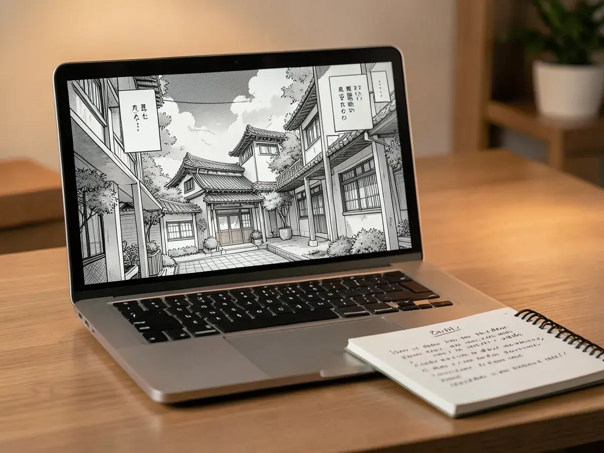Manga-style scene visualization generated from a narrative paragraph showing environmental establishing shot with detailed background architecture and atmospheric screentone effects