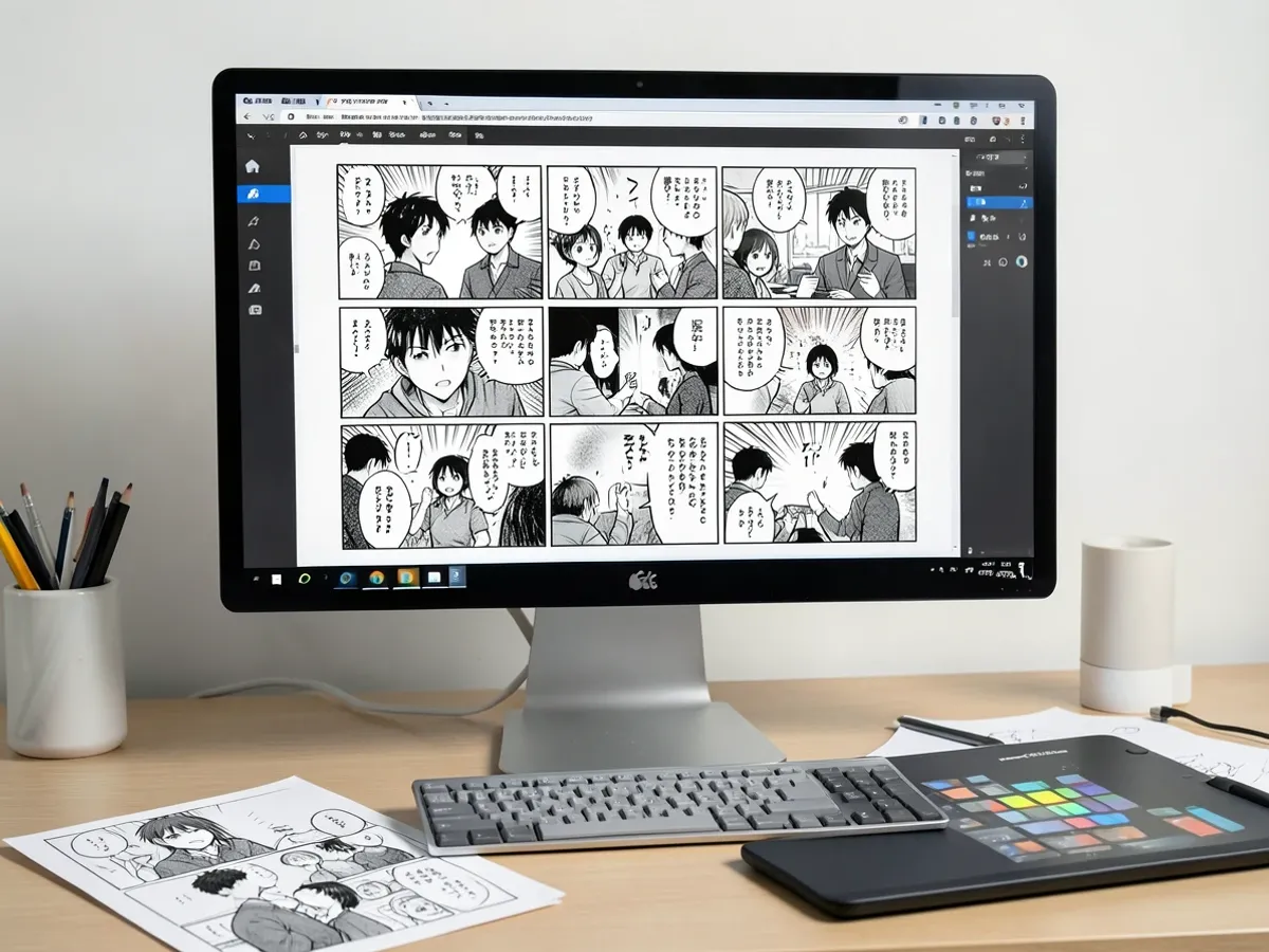 Gallery of manga-style illustrations generated from text prompts showing Shonen action lines, Shoujo delicate features, Seinen crosshatching, and Chibi proportions at 2048-pixel resolution