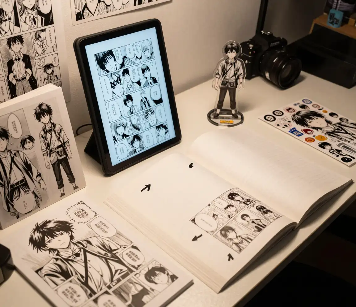Pohled shora na pracovní stůl tvůrce mangy s webtoonovým tabletem, inkoustovanými stránkami, referenčním listem postavy, doujinshi merchandisingem a románem proměňujícím se v malý manga panel