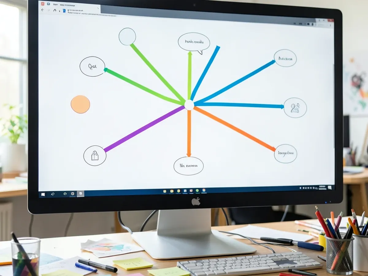 A fishbone-layout mind map showing 45 brainstorm ideas grouped into six thematic branches with color-coded connectors