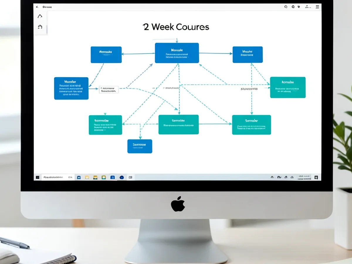 An org-chart-layout mind map of a 12-week course curriculum with cross-linked connectors showing prerequisite relationships between modules