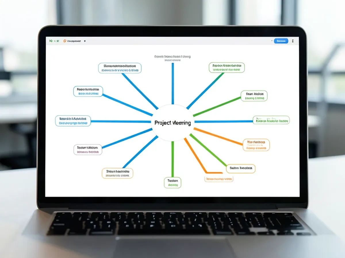 A radial mind map generated from a project meeting transcript, showing branches for action items, team members, and deadlines across 18 nodes