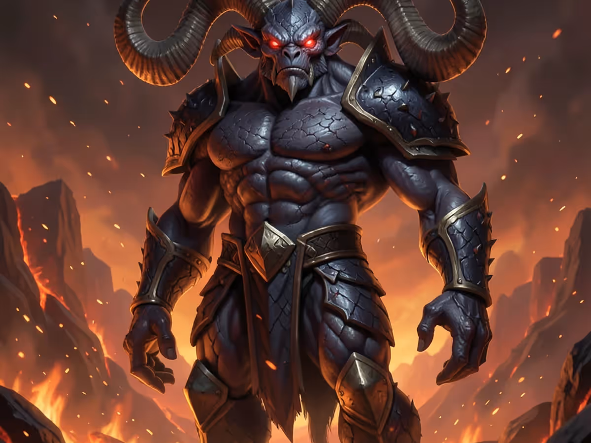 AI-generated monster illustration showing a towering demon boss with curved horns, scaled armor, and a fiery volcanic background at 1024 × 1024 resolution