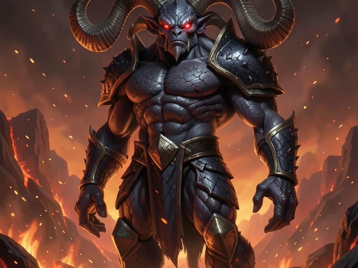 A detailed creature illustration of a towering demon boss with horns, scaled armor, and a fiery background, generated at 1024 × 1024 resolution for a D&D campaign climax encounter