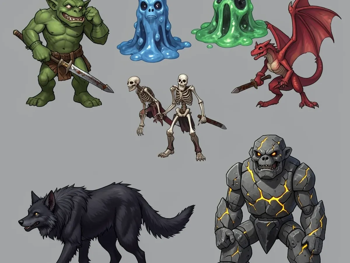 A collection of eight pixel-friendly creature illustrations at various sizes showing goblins, slimes, dragons, and skeletons designed for an indie RPG enemy roster with consistent art style