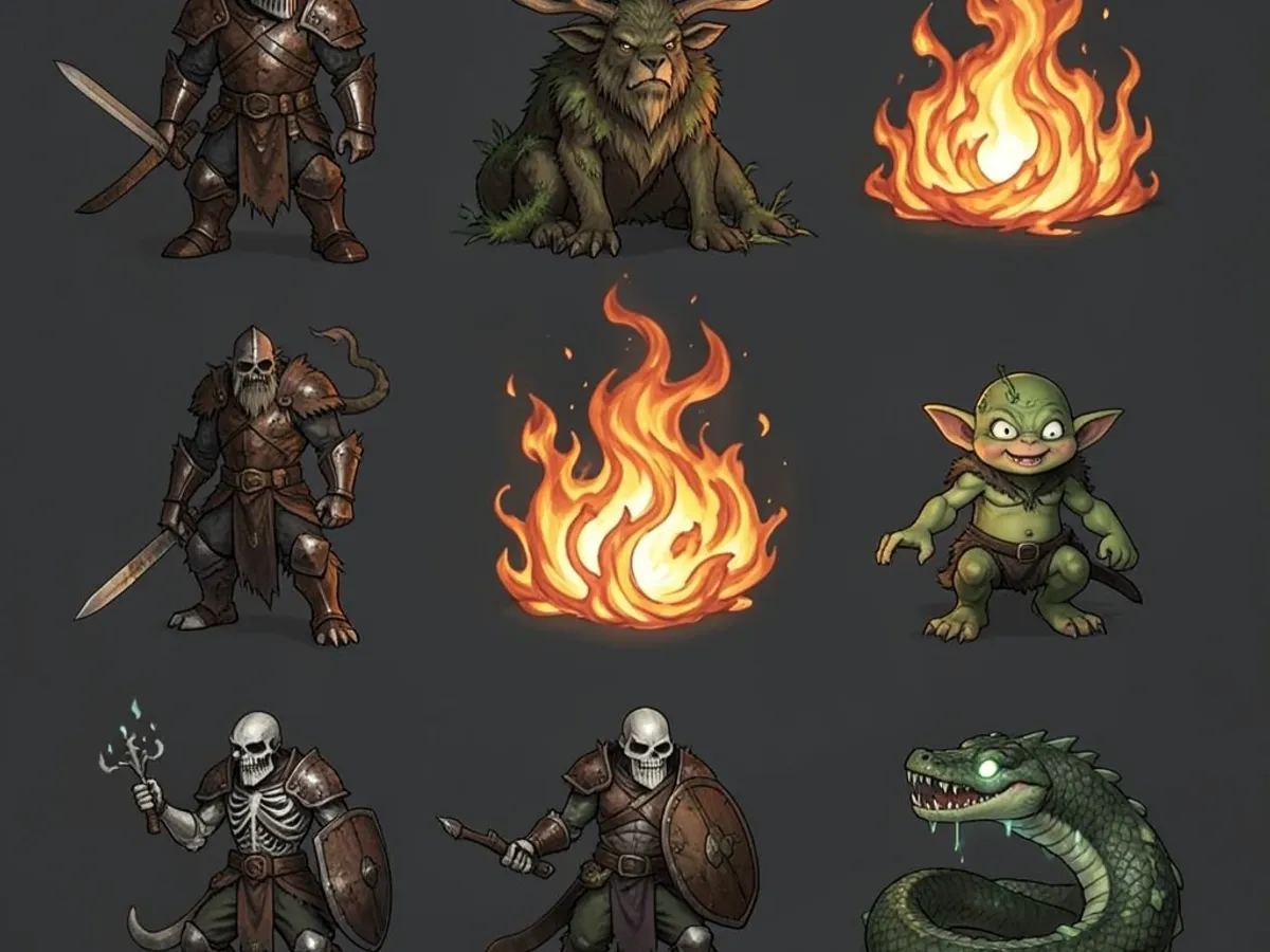 A grid of six creature illustrations showing diverse monster designs including an undead knight, a forest beast, and a fire elemental, arranged for a tabletop RPG one-shot session roster