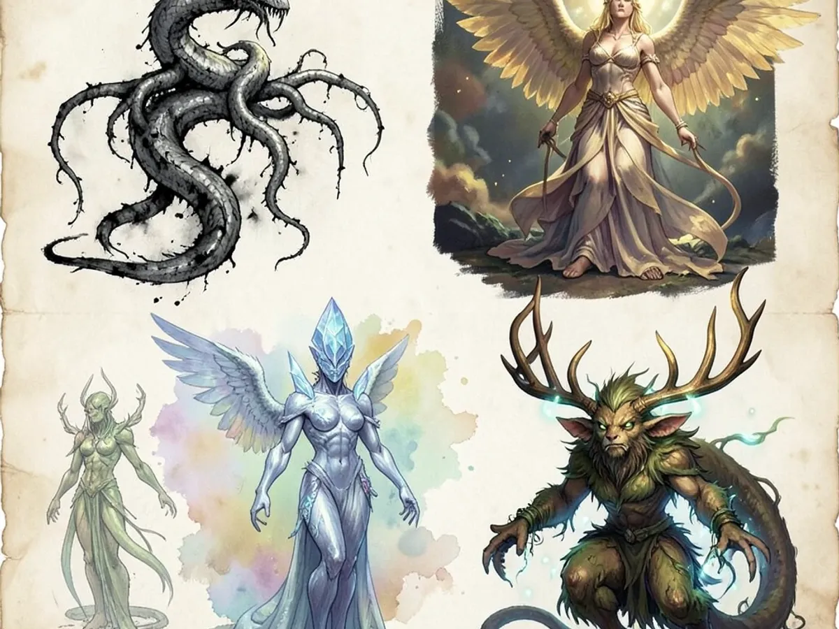 A reference sheet showing four creature illustrations with different art styles including ink drawing and oil painting, depicting otherworldly beings for a fantasy novel worldbuilding bible