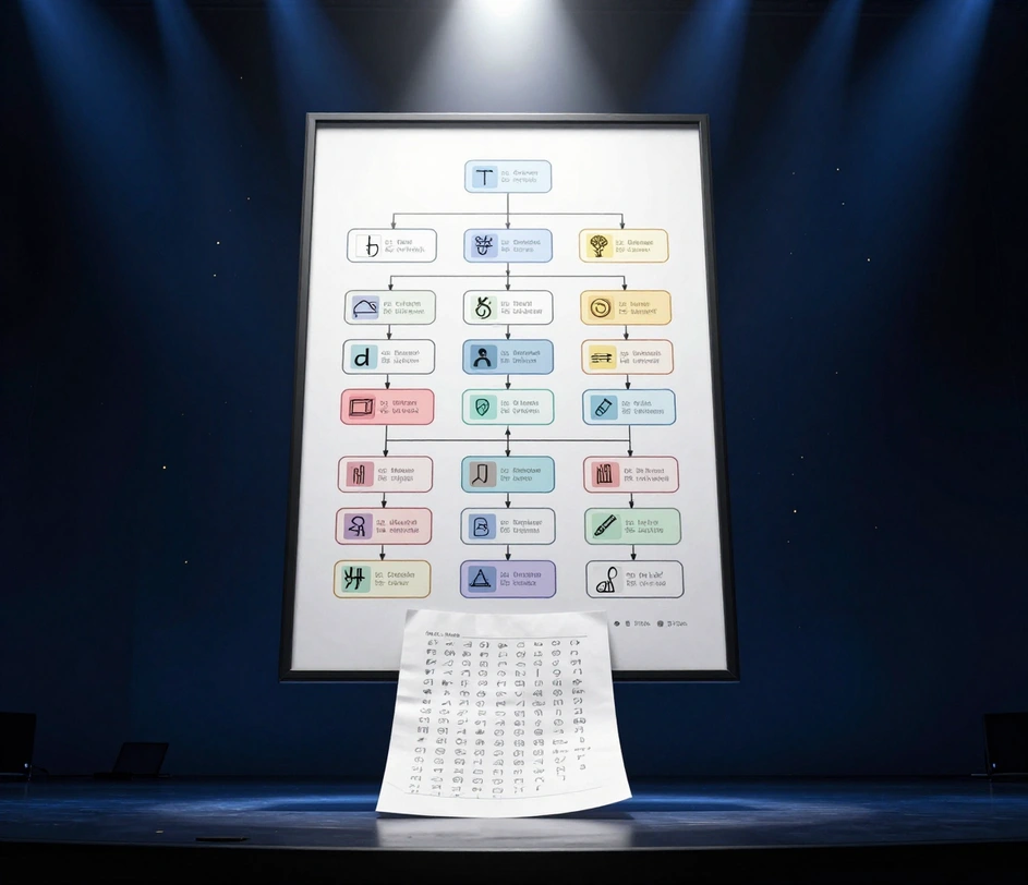A finished organizational chart presented as a masterpiece in a large floating frame on a dark studio stage, a humble hand-written team roster resting on the pedestal below, lit by a single spotlight with golden particle accents