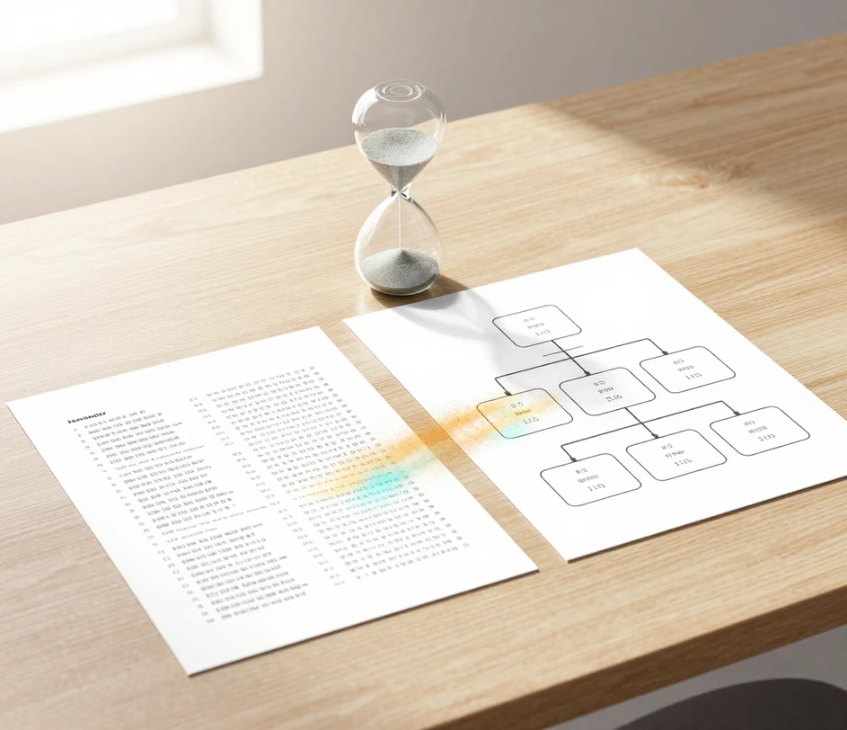 A written team roster document and a slim blank hourglass on a bright desk beside a freshly printed four-tier organizational chart, capturing the speed of the text-to-chart transformation