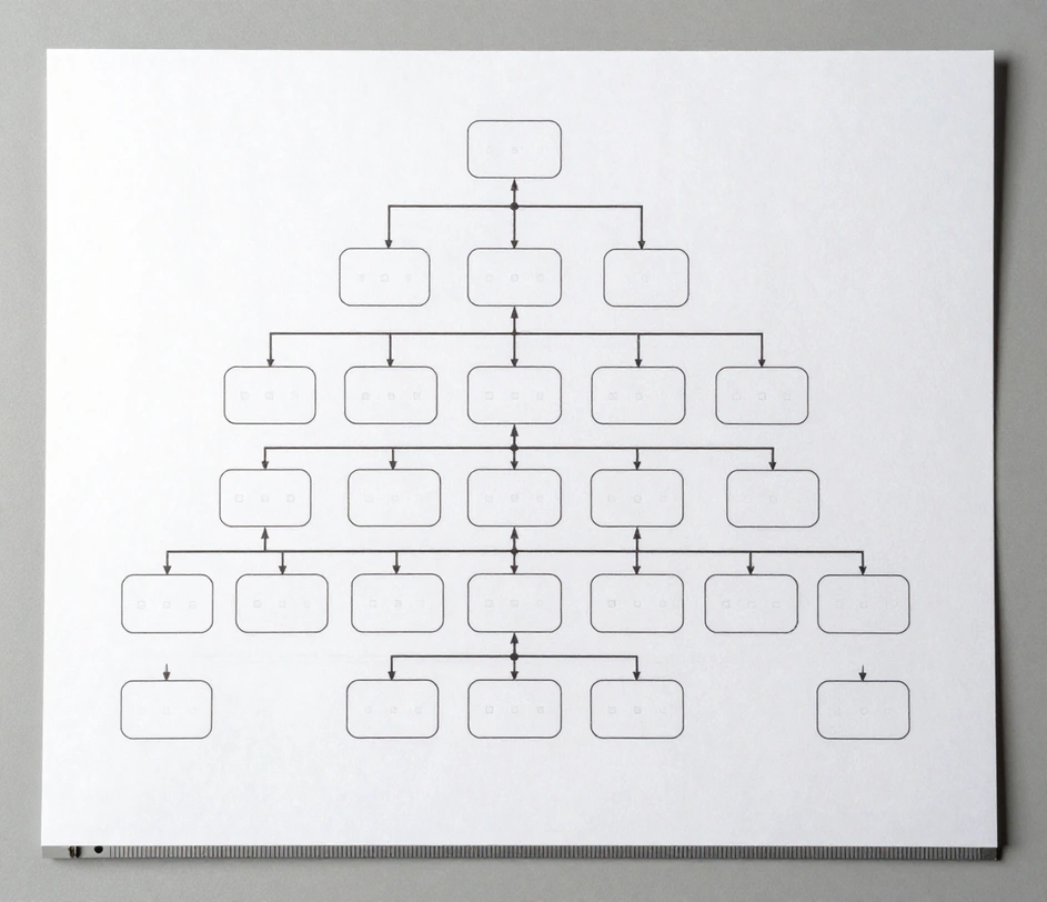 A five-tier organizational chart print showing depth-aware node positioning with evenly spaced manager boxes and automatically staggered child rows connected by orthogonal elbow connectors