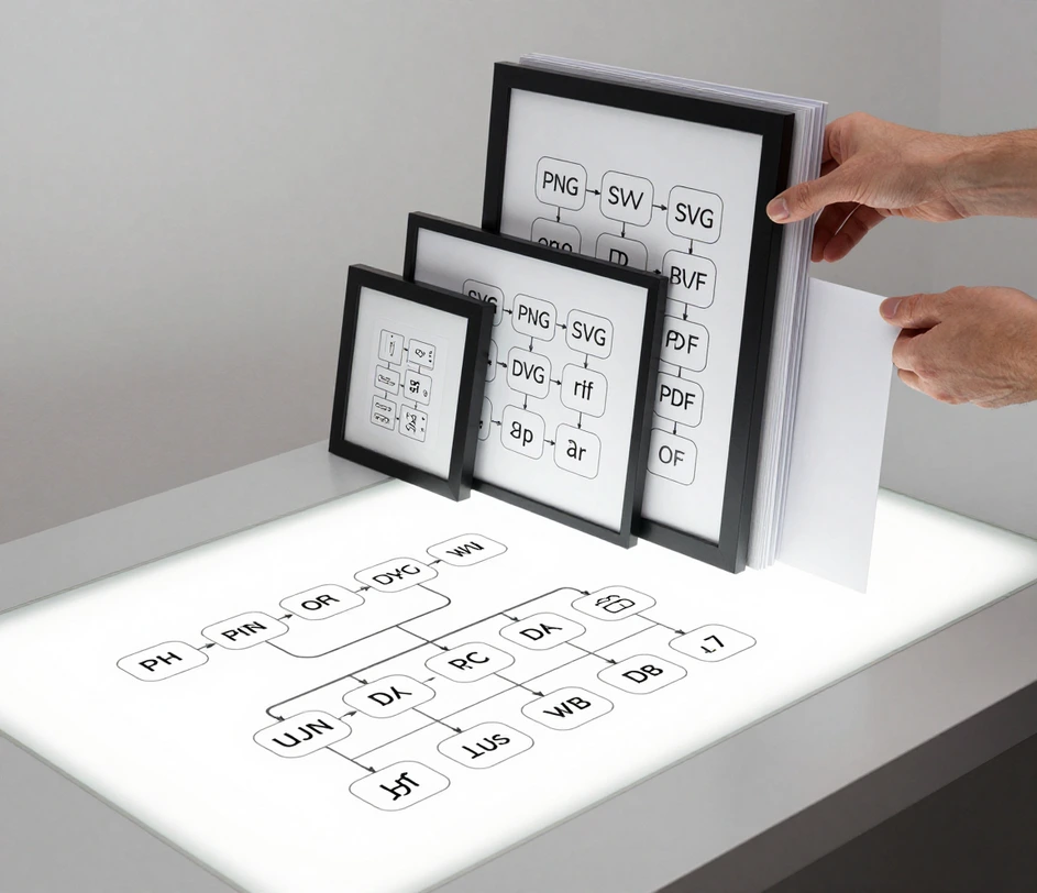 A finished organizational chart print lying on a light table beside stacked export frames of different proportions, conveying multiple export sizes from square to widescreen without any readable text