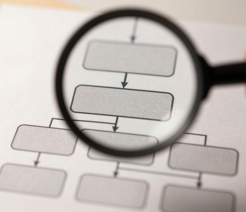 A macro close-up of a printed three-tier organizational chart under a photographer's loupe, the magnified role box showing a smooth ink ribbon that suggests a crisp name and job title rendered with print-grade quality in every box