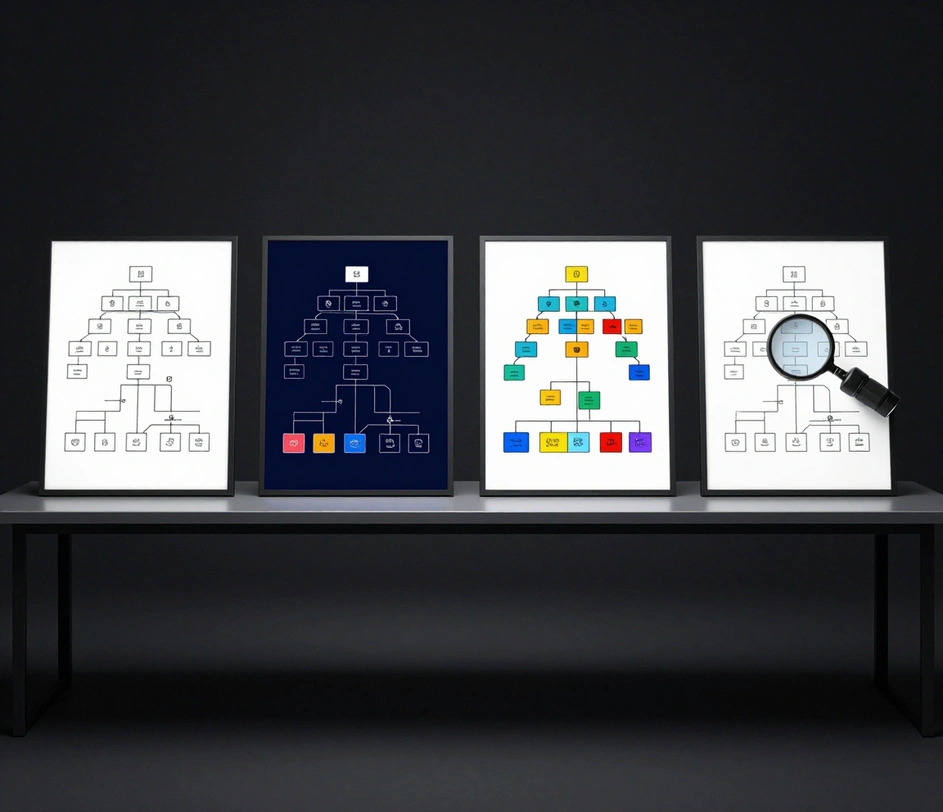A four-pillar gallery of org chart capabilities on a dark studio workbench: a roster document transforming into a chart print, four chart style variants, color-coded department clusters, and a large-format 4K print under a loupe