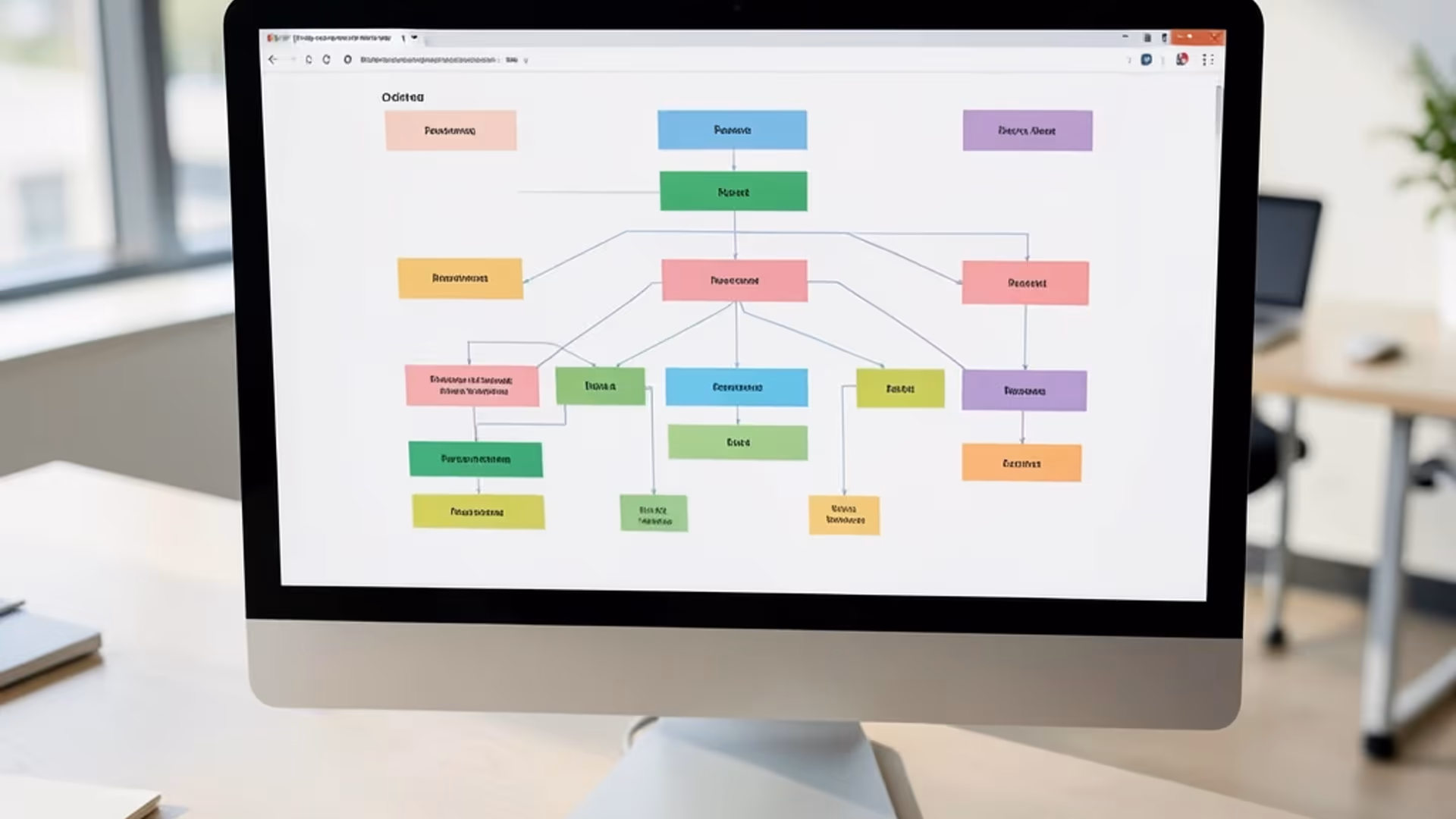 AI-generated organizational chart displaying a four-tier company hierarchy with CEO at the apex, VP-level boxes, department leads, and team members connected by clean lines with department-based color coding
