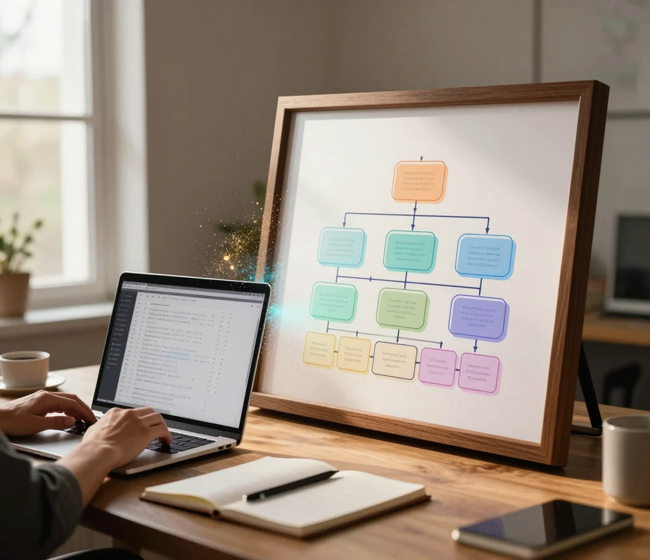 A creator typing a written team roster on a laptop while a stream of soft particles arcs into an elegant frame where a finished four-tier organizational chart with clean connector lines is materializing on a warm workbench