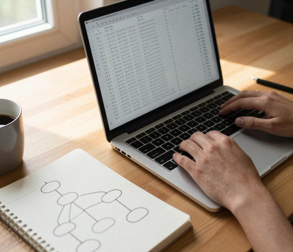 A creator's hands typing a team roster of positions and reporting lines on a laptop keyboard in warm morning light, a notebook with a half-written hierarchy outline beside it