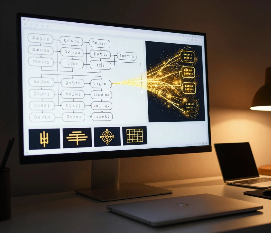 A monitor displaying an organizational chart in the middle of materializing: the left half fully rendered with tiered boxes and connectors while the right half is still flowing particle energy, with four abstract layout-mode swatches along the bottom edge