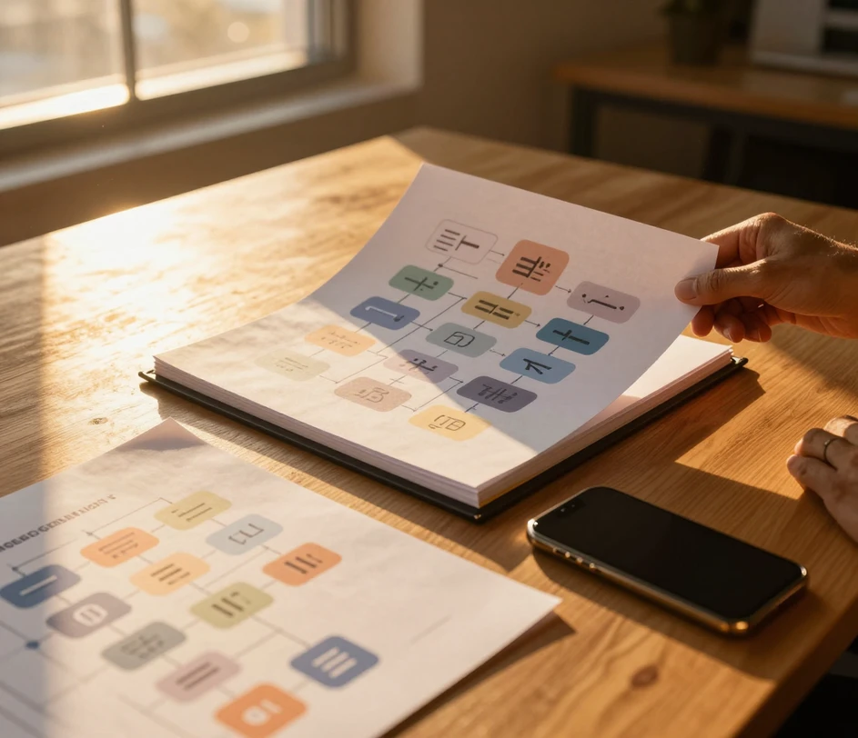 A creator's hands sliding a finished organizational chart print into an open report binder in golden hour light, a second print lying flat and a phone with a blank screen resting nearby