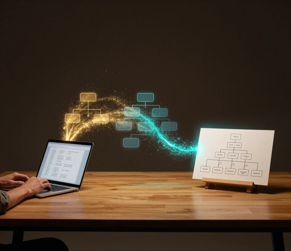 A three-step creation journey across one desk: hands typing a team roster on a laptop, particles swirling into a partially materialized organizational chart, and a finished chart print resting on a display stand ready to share
