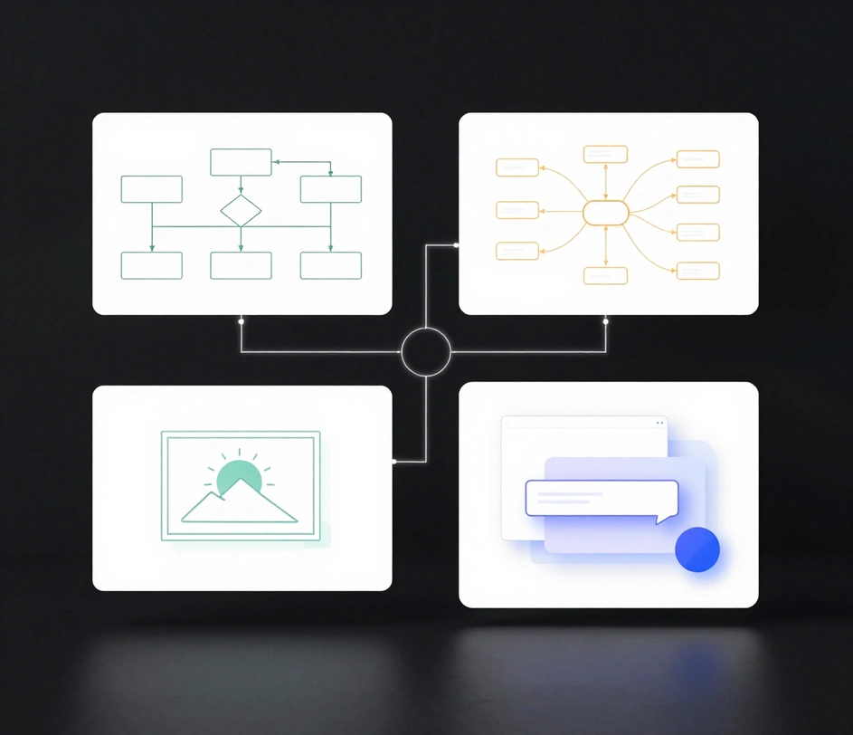 A minimalist gallery of related AI diagram tools on floating white cards linked by glowing lines: a flowchart module, a mind-map module, an image-generation module, and a poster-design module, each rendered as wordless linework