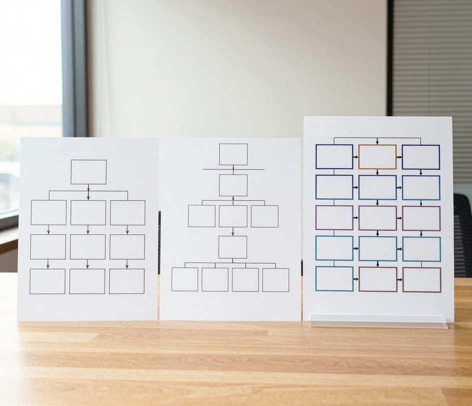 Three printed org chart samples side by side on a bright oak table showing rising complexity from left to right — a tidy 3-tier chart, a denser 4-tier chart with 8 boxes in the bottom row, and a 5-tier large-format print with color-coded department borders, comparing the Standard, Pro, and Master output tiers