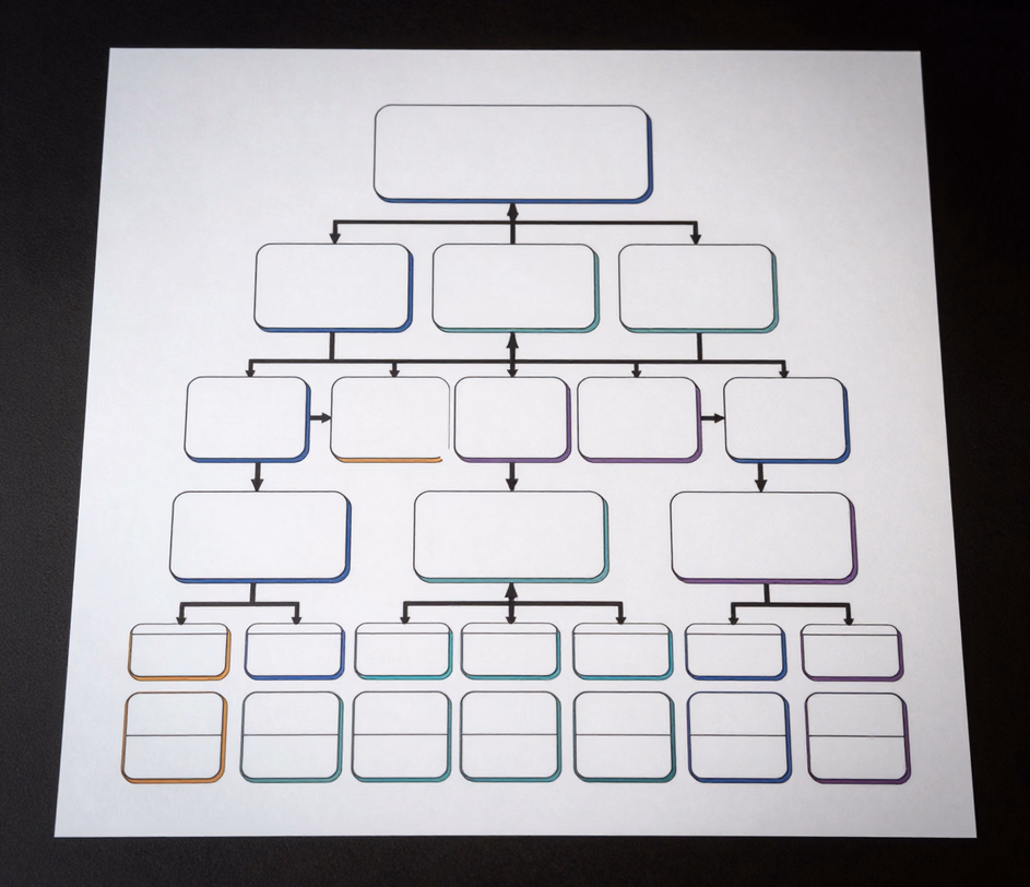 A presentation-grade 4K organizational chart print with five management tiers, department color coding and gallery-quality line work ready for board decks