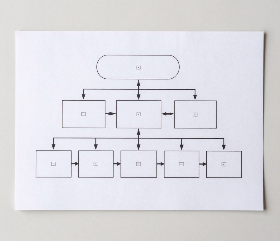 A crisp 1K organizational chart print with three management tiers, evenly spaced role boxes and clean orthogonal connectors suitable for everyday team documentation