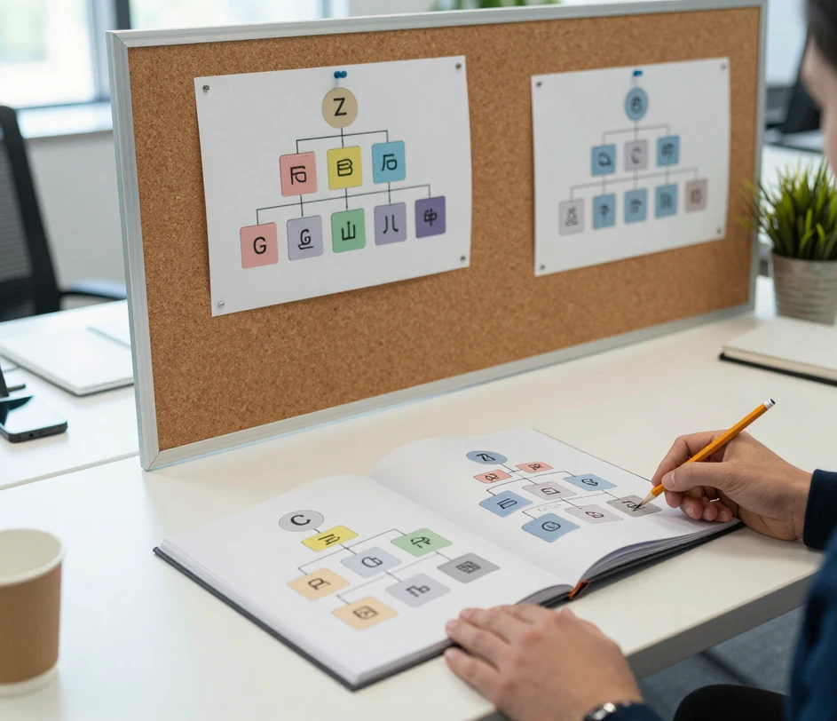 A bright office workspace where printed organizational charts are in active circulation: one pinned on a corkboard, one open in a binder being annotated by hand, and one passed between two colleagues in a review gesture