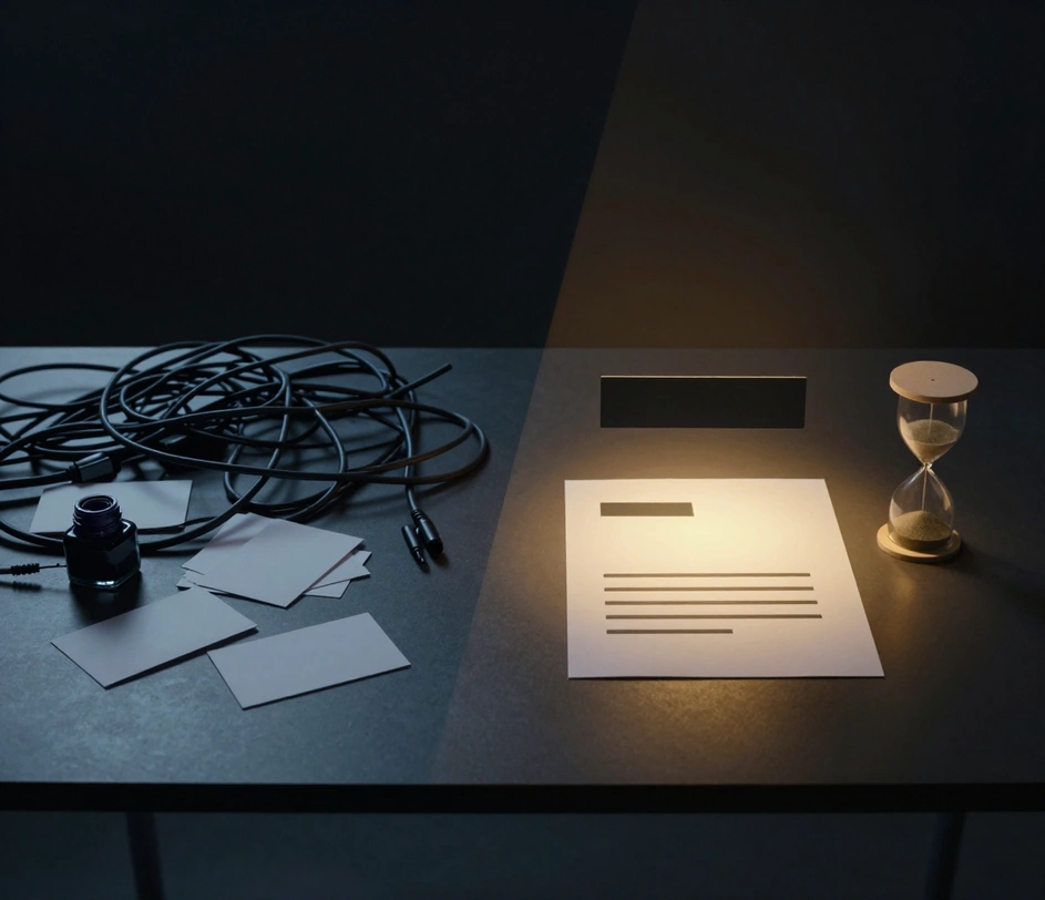 Gesplitste studio-opname die handmatige opmaak contrasteert met AI-generatie — geknoopte kabels en verspreide lege kaarten in koud blauw licht links, een voltooid handtekeningsblok met grafieten naambalk, titelbalk en een contactrij van drie segmenten, gloeiend in warm goud rechts, naast een bijna leeggelopen zandloper die voltooiing in minder dan één minuut uitbeeldt