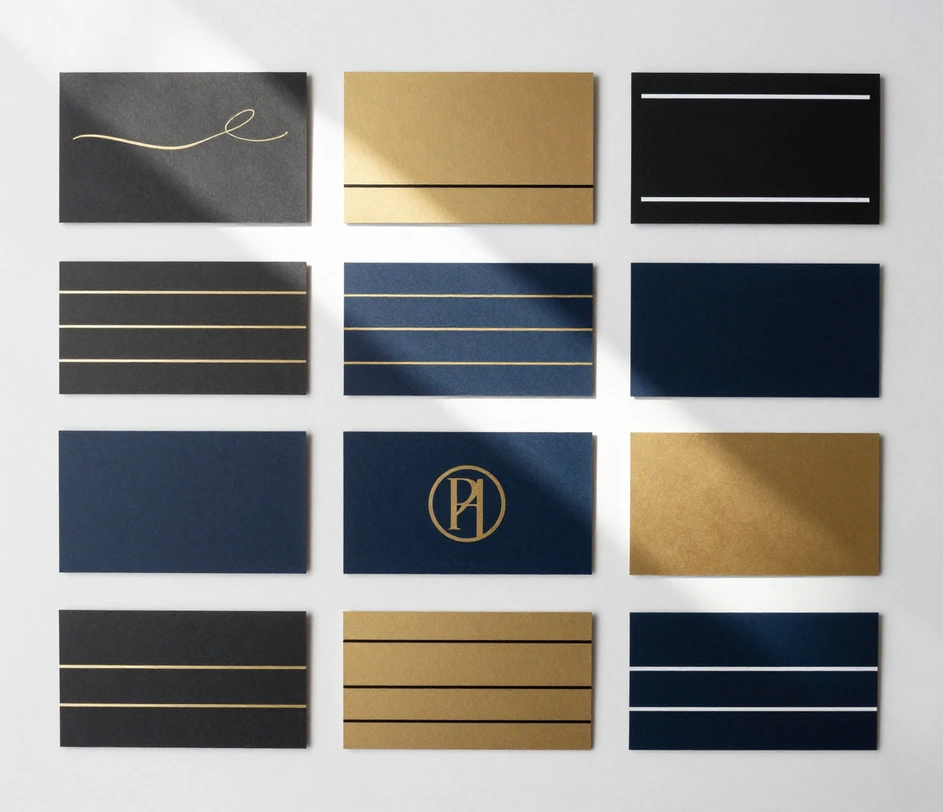 Flat-lay van boven van twaalf handtekeningsblokken in een nauwkeurig raster van vier bij drie — rijen in minimale, cursief-achtige, monogram- en corporatestijl die verschuiven over kolommen in grafiet-, marineblauwe en gouden paletten, waarmee alle twaalf combinaties voor Outlook-handtekeningslay-outs getoond worden