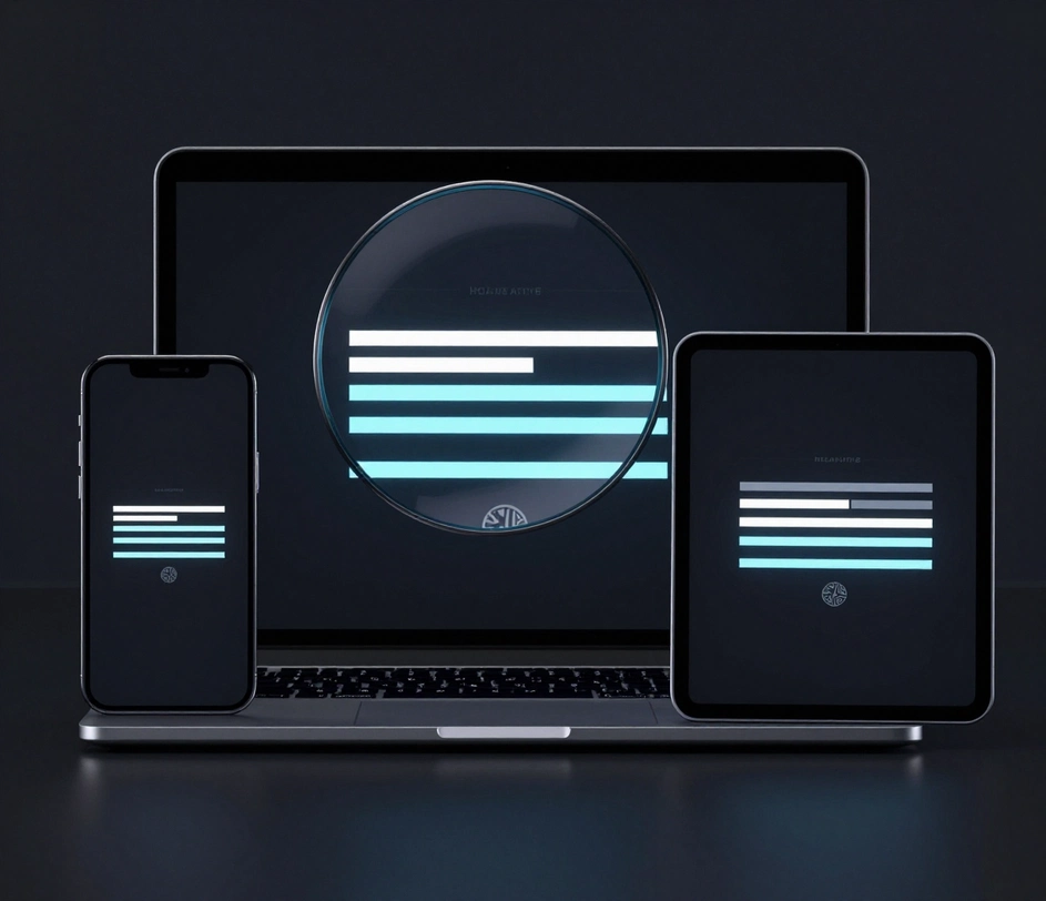 Laptop, tablet en smartphone op een donker bureau die elk dezelfde gloeiende handtekeningsbalk-compositie tonen op een diep-antracieten paneel op verschillende schalen, met een extreme vergrotingslens boven het laptopscherm die messcherpe, drukwaardige randen onthult en een uitvoer van 2048 en 4096 pixels uitbeeldt
