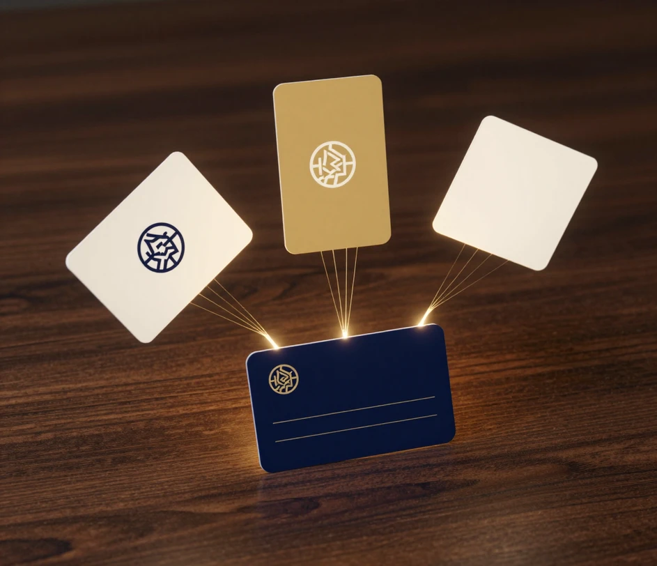 Abstract handtekeningsblok dat boven een bureau van walnoot zweeft, terwijl drie eenvoudige merkactiva-kaarten — een embleemkaart, een marineblauwe en gouden kleurkaart en een lege visitekaart — eromheen draaien met gouden lichtdraden die in het blok stromen, waar het identieke embleem pixelconsistent materialiseert