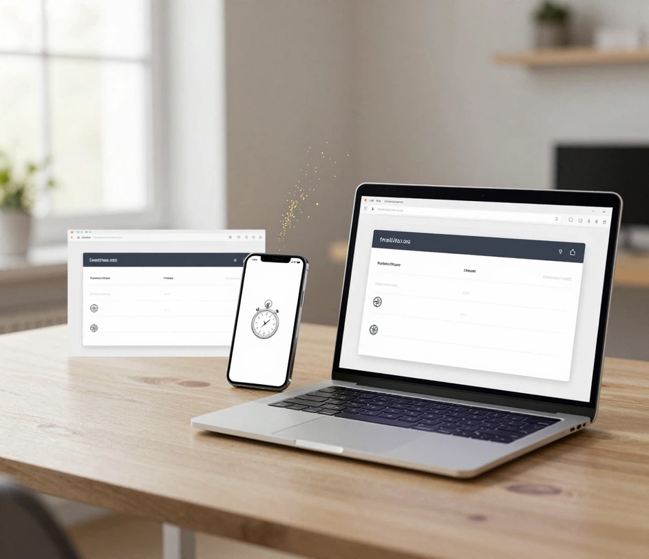 Heldere moderne werkplek van een klein bedrijf waar een laptop en smartphone naast elkaar hetzelfde abstracte handtekeningsblok weergeven — grafieten naambalk, dunne titelbalk en contactrij in drie segmenten met cirkelvormig embleem — terwijl een goudkleurig deeltjesspoor van een minimalistische stopwatch een binnen één minuut voltooide Outlook-handtekening uitbeeldt
