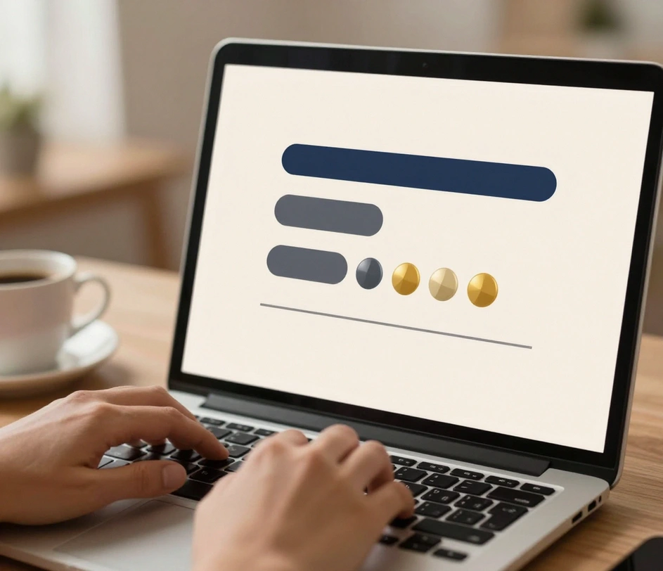 Close-up van handen die op een laptoptoetsenbord typen, terwijl ongemarkeerde geometrische pillen in grafiet, marineblauw en goud omhoog zweven op het lege scherm — een langere pil voor de naam, een dunnere voor de functie en drie korte pillen voor contactgegevens die zich rangschikken naar een zich vormend handtekeningsprofiel