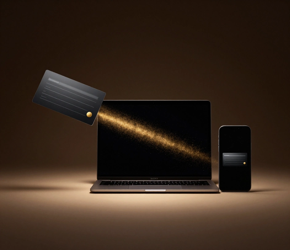 Voltooid handtekeningsblok met een gouden, cirkelvormig embleem dat langs een lichtstraal van een zwevende kaart glijdt naar een gekoppelde laptop en smartphone die het identieke blok op beide lege schermen tonen, en een oplossend gouden deeltjesspoor achterlaat dat downloaden en invoegen in Outlook uitbeeldt