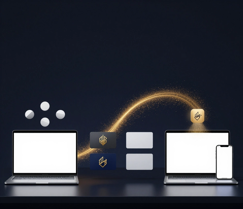 Creatieproces van een handtekening in drie stappen, verenigd door een warme gouden deeltjesstroom — links een lege laptop met zwevende geometrische detailchips, in het midden vier zwevende handtekeningstijlvarianten met merkitemkaarten en rechts het voltooide blok op de gekoppelde schermen van laptop en smartphone