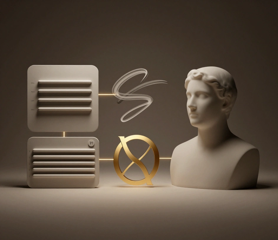 Donkere studio-productgalerij van vier handtekenings- en merkmodules — een mat staafvormig handtekeningsblok met cirkelvormig embleem, een vloeiende inktstreekwerveling, een gouden verweven monogramembleem en een gezichtloze studioportretsilhouet, verbonden door gloeiende glasvezellijnen