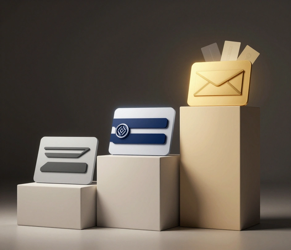 Drie oplopende presentatiesokkels in een donkere studio die hetzelfde handtekeningsblok in steeds rijkere kwaliteit tonen — effen grafiet op de lage sokkel, navy accent met cirkelvormig geometrisch embleem in het midden en een premium behandeling met gouden embleem en uitgewaaierde merkitemkaarten op de hoge sokkel rechts