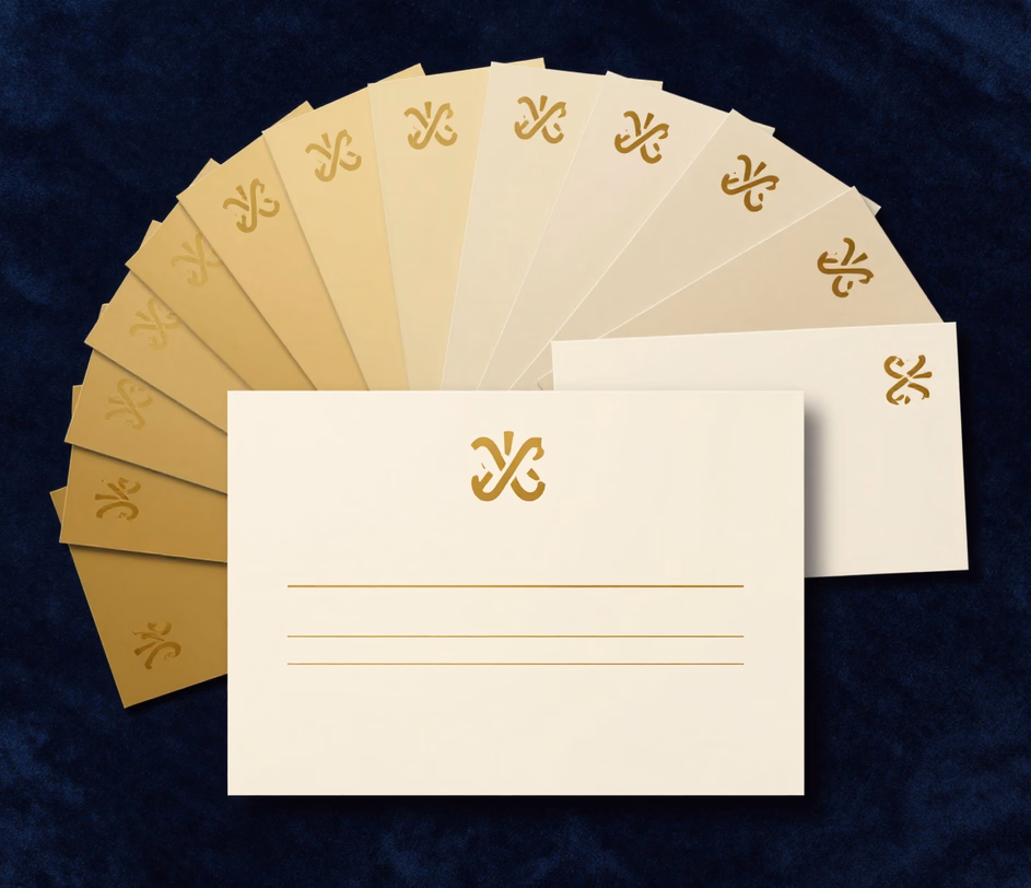 Crème-en-goud handtekeningsblok premium gedragen door een warm gouden monogramembleem op diep middernachtsblauw fluweel, met tot tien uitgewaaierde merkitemkaarten die elk het identieke embleem dragen voor multimersynthese bij 4096-pixelrendering