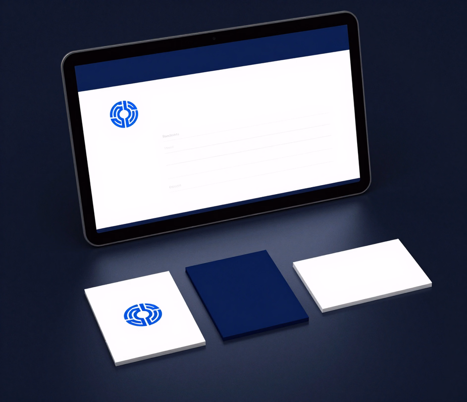 Navy handtekeningsblok met cirkelvormig geometrisch embleem gerenderd op een laptopscherm, naast drie lege merkitemkaarten — een logokaart met het identieke embleem, een navy kleurstaalkaart en een visitekaartje — wachtend op verwerking voor merkconsistente output tot 2048 pixels